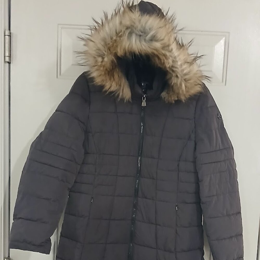 Calvin Klein Jeans Women's Gray Puffer Jacket Fur Hood Zip